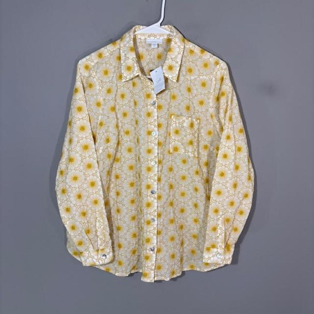 J. Jill Blouse Womens Petite Medium Yellow Embroidered Floral Long Sleeve Top